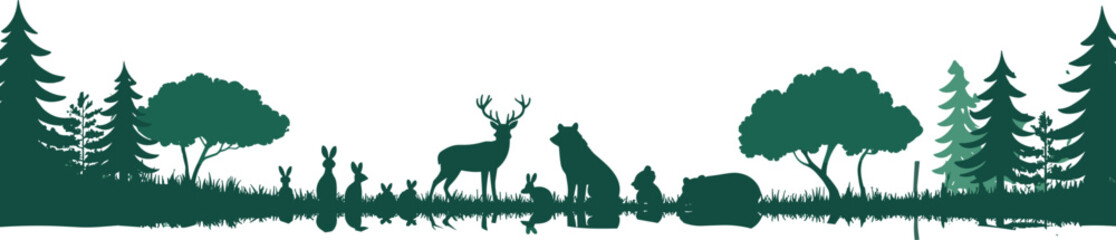 Wildlife forest silhouette scene, deer, bear, rabbits, trees, nature landscape, animal shadows, woodland wildlife, outdoor animals vector illustration