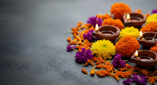 Decorative Navratri altar featuring vibrant diyas and colorful flower petals, creating festive and spiritual atmosphere