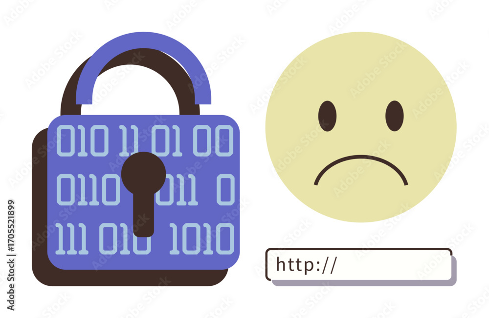 Aufkleber lock with binary code, sad face, and url bar convey data protection, online privacy, encryption, cyb