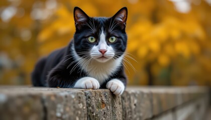Tuxedo Cat Posing on Autumn Wall