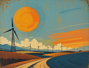 Windmill farm solar energy . Oil paint illustration.