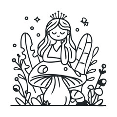 Obraz premium Enchanted fairy sitting peacefully on giant mushroom with greenery. Vector illustration