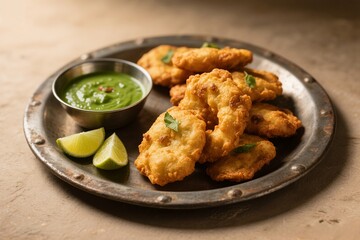 Crispy Air Fryer Pakoras with Green Chutney and Lime.