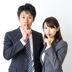 唇に人差し指を当てるポーズのビジネスパーソン