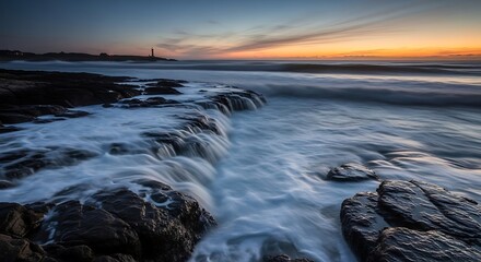 Fototapeta premium Coastal Waves Crashing on Rocks at Sunrise.