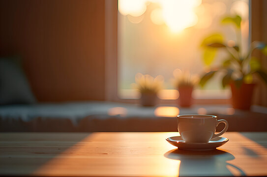 Morning Sunlight and Coffee Cup on Wooden Tabletop Interior Stil