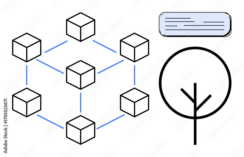 Poster interconnected blocks form a network, message bubble denotes communication, alongside a tree symbol 