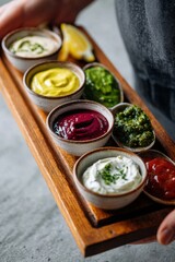 Assortment of colorful homemade dips and sauces for culinary presentation,National Condiment Month,