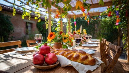 Sunlit sukkah table with braided challah and pomegranates, wine glasses, sunflowers, and autumn garlands, creating a warm festive harvest celebration atmosphere