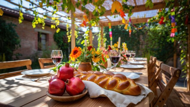Sunlit sukkah table with braided challah and pomegranates, wine glasses, sunflowers, and autumn garlands, creating a warm festive harvest celebration atmosphere - Powered by Adobe