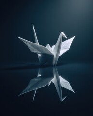Solitary White Origami Crane with a Perfect Reflection on a Dark, Moody Surface