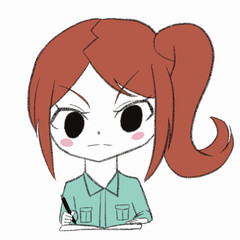 ノートに文字を書く作業員の女の子
