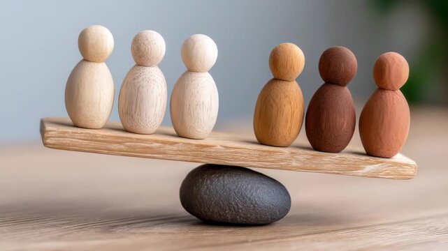 Labor Market Remote Work. Wooden figures balanced on a plank over a stone, symbolizing equilibrium and teamwork.