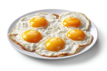 Four fried eggs on a white plate, close-up. 