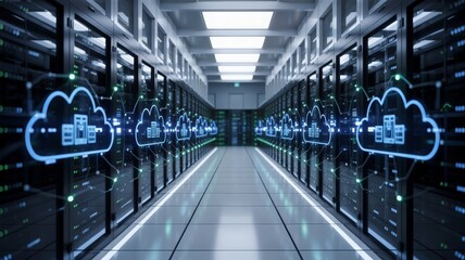 Cloud computing infrastructure in a modern data center, Rows of server racks are augmented with glowing cloud icons and network diagrams