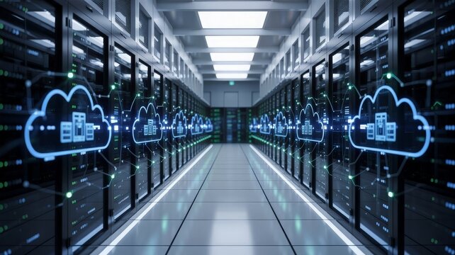 Cloud computing infrastructure in a modern data center, Rows of server racks are augmented with glowing cloud icons and network diagrams