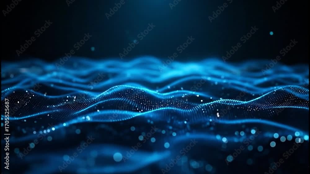 Poster dynamic digital wave patterns shimmer with glowing particles, representing data flow and futuristic 