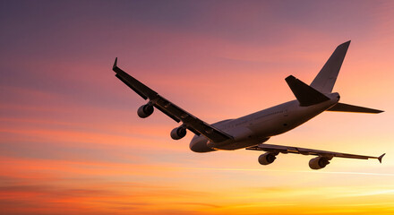 Passenger airplane flying high in the sky at stunning sunset. A commercial passenger aircraft soars through a vibrant, fiery sunset sky. The golden-orange and deep purple clouds create a dramatic 