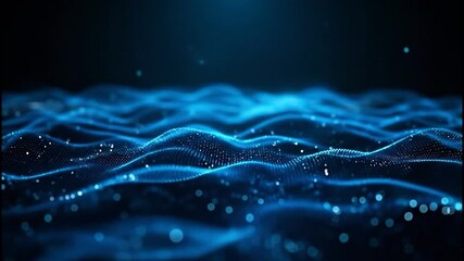 Dynamic digital wave patterns shimmer with glowing particles, representing data flow and futuristic technology in a deep blue abstract background. - Powered by Adobe