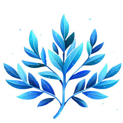 Blue botanical branch with glossy leaves and delicate water droplets conveying calm and freshness