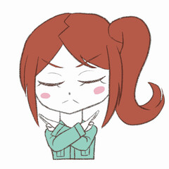 バツ印を作る作業員の女の子