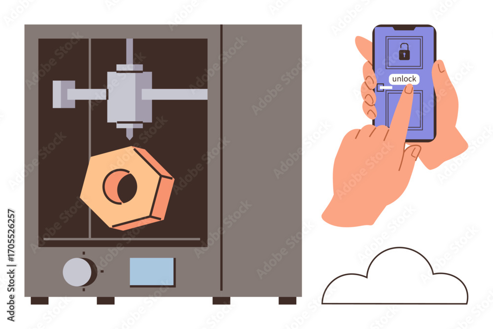 Poster 3d printer creating geometric shape, phone unlocking control in hand, cloud icon representing techno