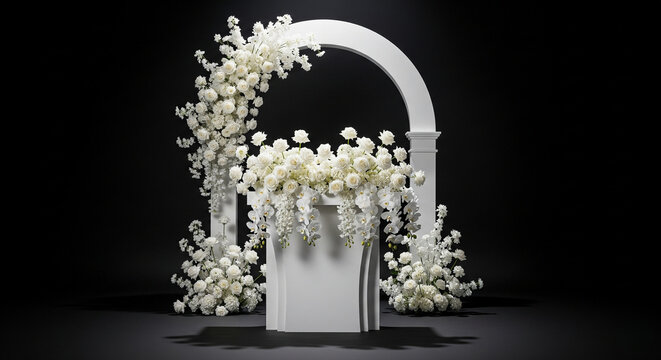 White Floral Display Podium with Arch on Black Background
