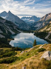 Obraz premium Breathtaking mountain lake exploration rocky mountains landscape photography serene environment aerial view nature's beauty