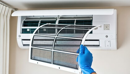 Air conditioner maintenance action indoor setting instructional content clean environment close-up view home care concept