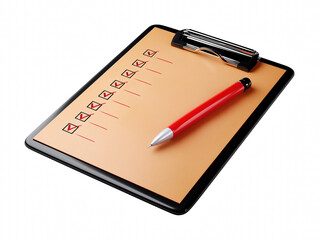 Naklejka premium Single clipboard with checklist and pen on a surface with shallow depth of field creating a blurred background for a professional look isolate on transparent background
