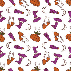 Seamless Halloween pattern with pumpkins, witch hats, potion bottles, crescent moons, and heart-shaped decorations. Perfect for seasonal wrapping paper, textiles, party decor, and digital kits.