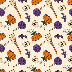 Seamless Halloween pattern featuring pumpkins, bats, skulls, broomsticks, and lollipops on a light beige background. Ideal for seasonal wrapping paper, textiles, party decor, and digital kits.