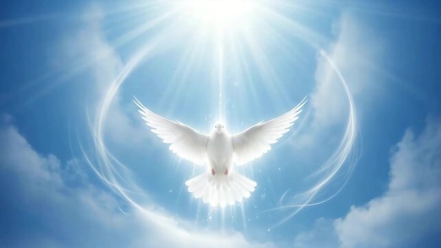 Majestic white dove soaring gracefully in a bright blue sky, surrounded by divine light and ethereal clouds.

