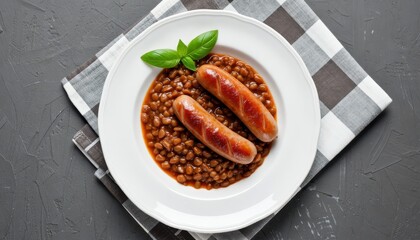 Delicious grilled sausages served with hearty bean stew kitchen setting food photography warm atmosphere close-up view
