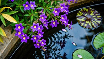 Blooming purple flowers and lily pads in tranquil garden pond nature photography serene outdoor environment