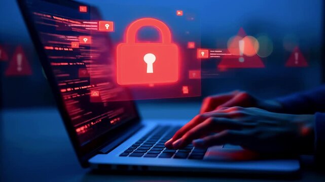 Cybersecurity expert analyzing data on a laptop with digital security alerts in a dark environment