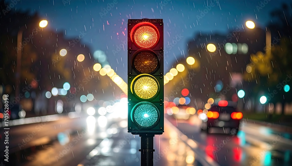 Wall mural a close-up view of a traffic light with the top light illuminated in red, situated on a rainy city s