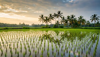 Reflection of lush rice fields at sunset rural landscape nature photography tranquil environment aerial view serenity