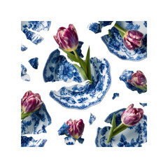 Tulips Emerging from Shattered Blue and White Porcelain Plates