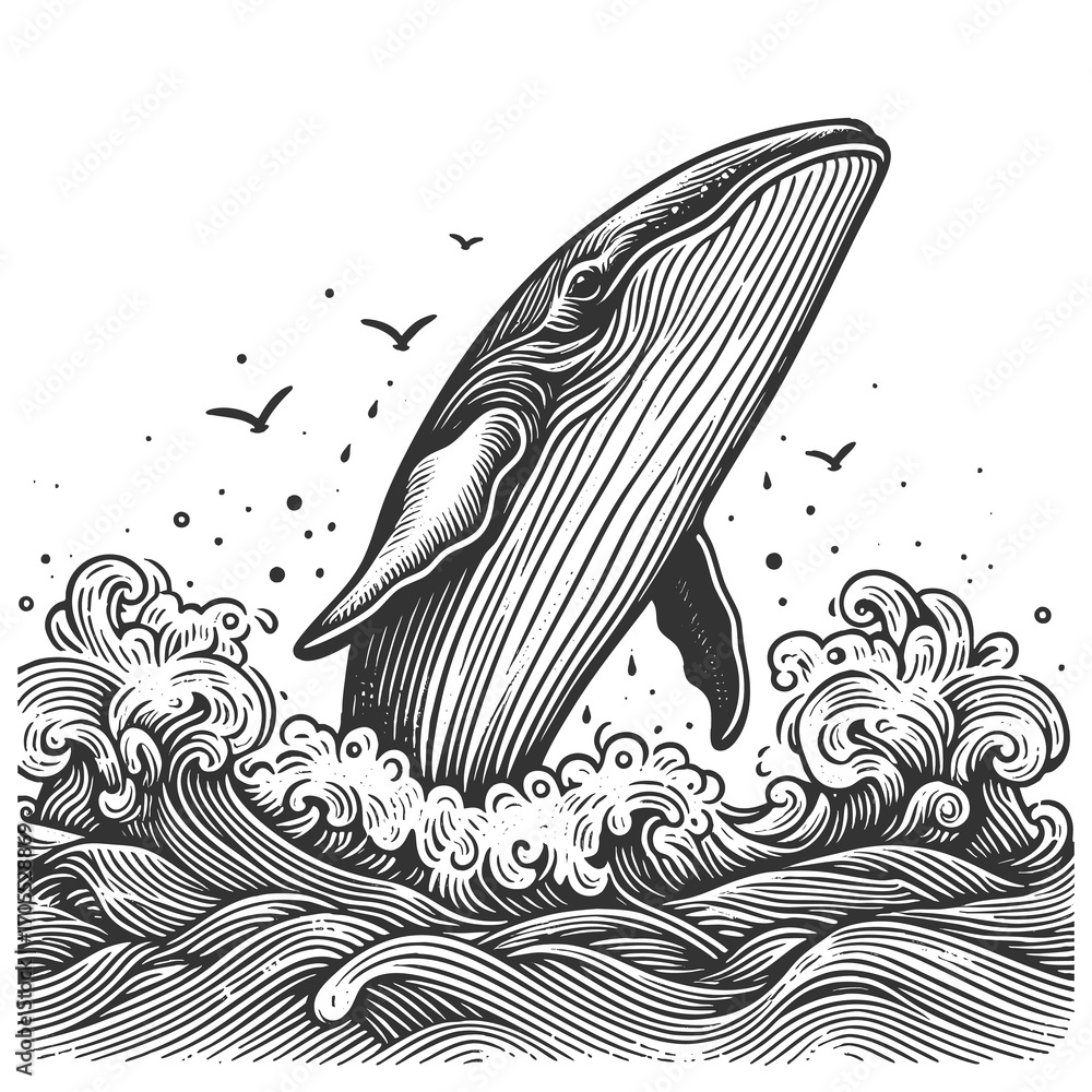 Aufkleber whale breaching the sea, surrounded by splashing waves and flying seabirds in retro style sketch eng