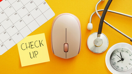 Full medical check-up concept as complex health checkup of all body organs is shown using the text and photo of stethoscope and calendar