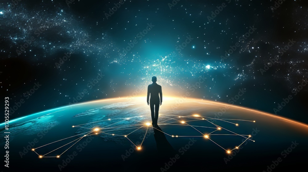 Poster digital connections across the globe a man engaging with data in a global network of technology