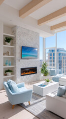 Naklejka premium Bright modern coastal living room with light blue armchairs white coffee table built-in shelving fireplace wooden ceiling beams large windows ocean view and natural sunlight in contemporary apartment 