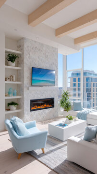 Bright modern coastal living room with light blue armchairs white coffee table built-in shelving fireplace wooden ceiling beams large windows ocean view and natural sunlight in contemporary apartment 
