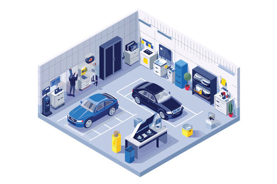 car shop interior isometric transport isolated