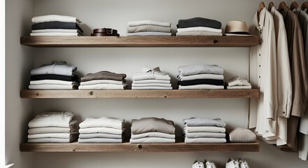Neatly folded clothes on wooden shelves in a closet