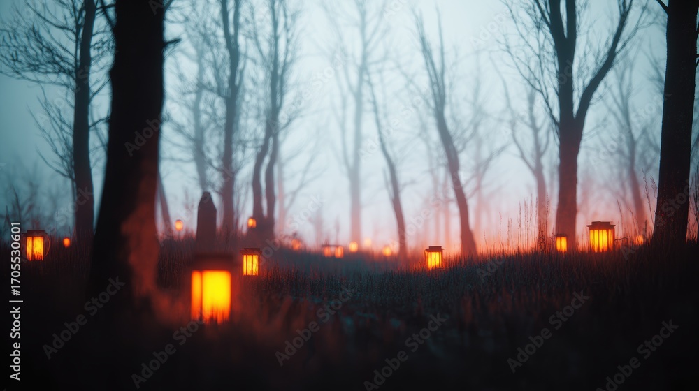 Poster enchanted forest at dusk with glowing lanterns illuminating a misty path among barren trees