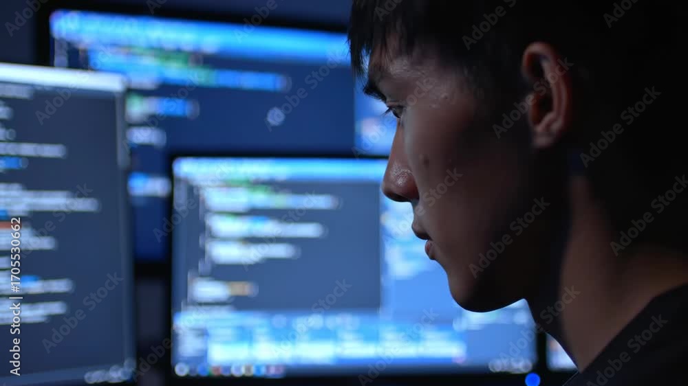 Poster Asian man coding on computer with multiple screens, software development, technology, programming, code, working at night, cybersecurity, and data concept