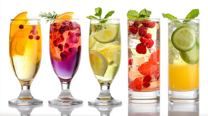 Fototapeta premium Vibrant assortment of refreshing beverages served in glasses, garnished with fresh fruits and herbs on a white surface.