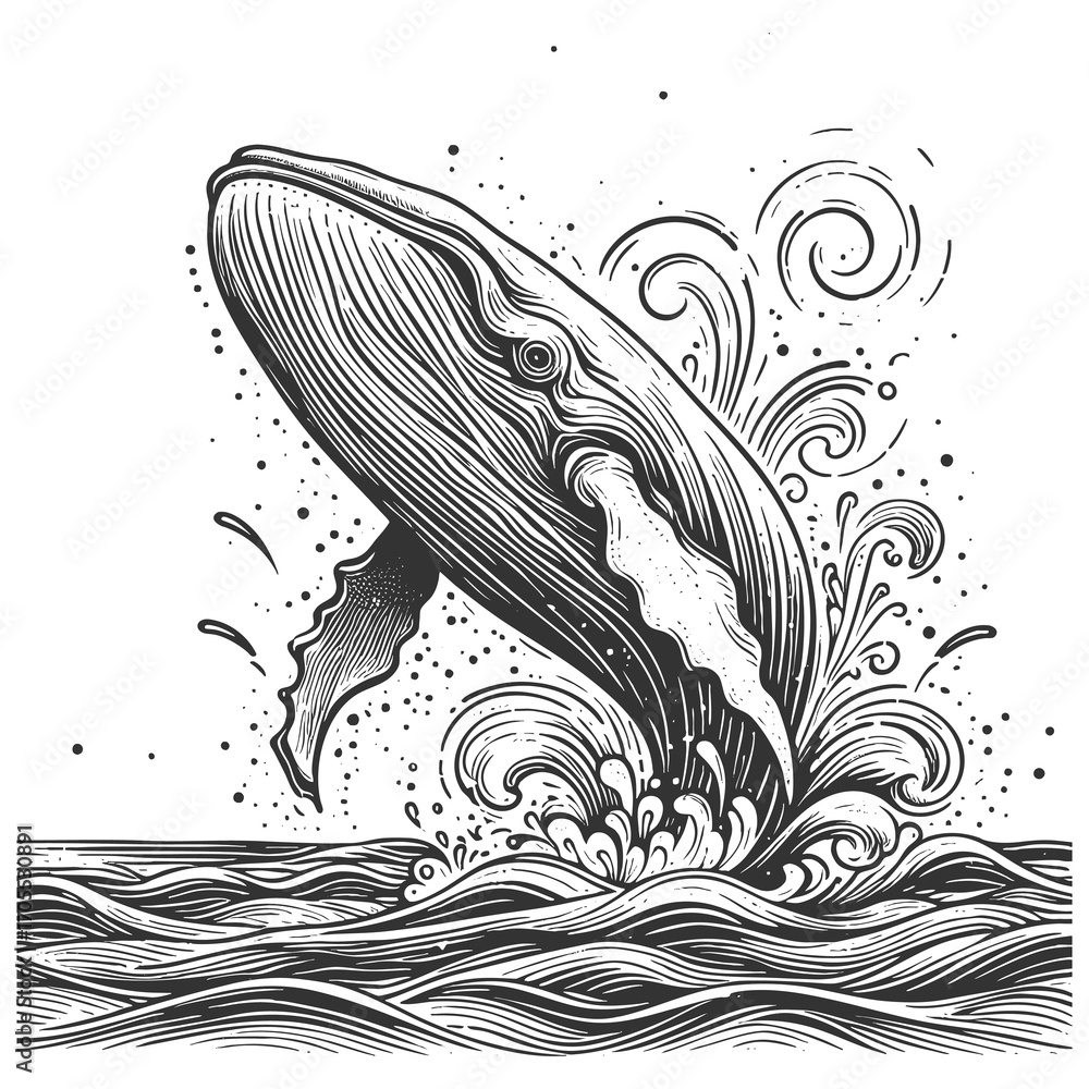 Poster whale breaching the sea, surrounded by splashing waves and flying seabirds in retro style sketch eng